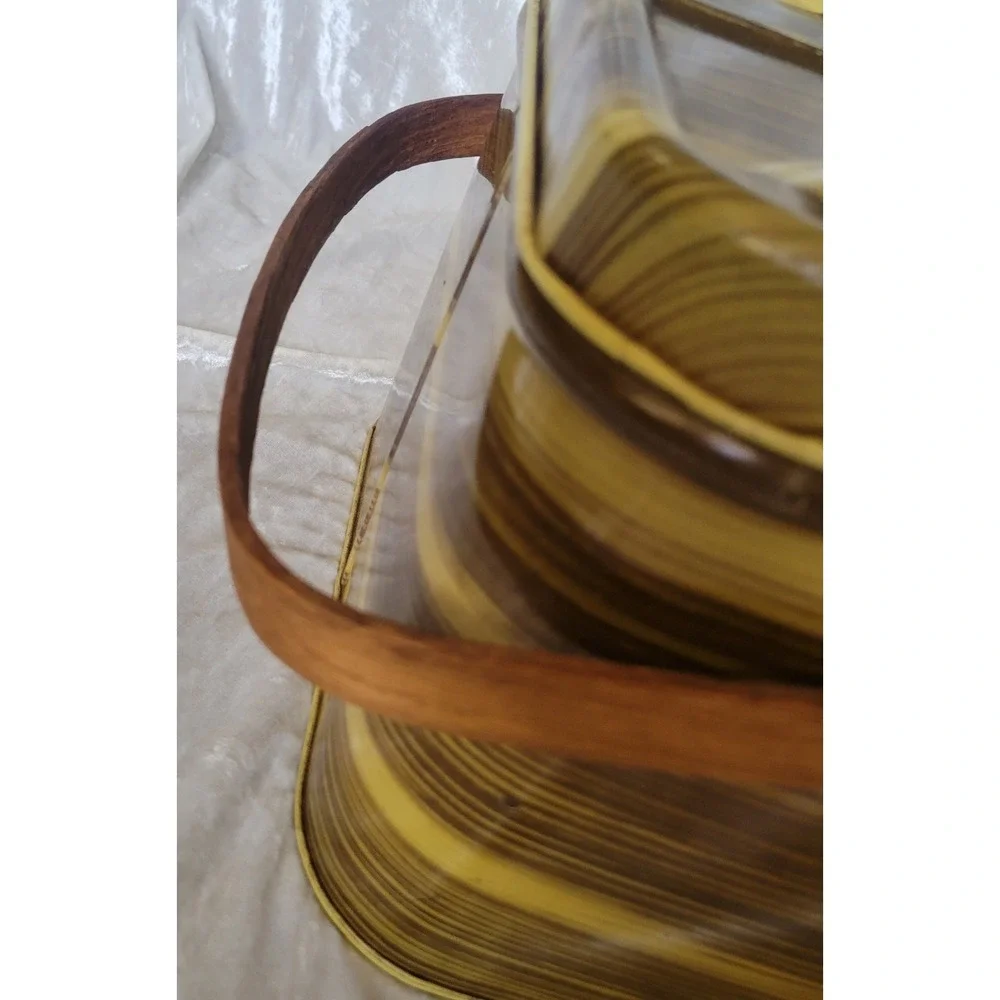 Vintage 50s Metal Picnic Basket Faux Wood Grain Tin Litho Wood Handles Yellow